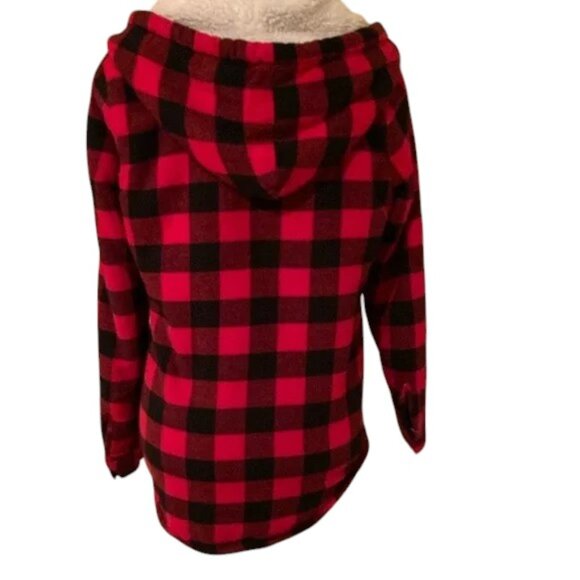 Bluenotes Red and Black Plaid Shacket Style Hoodie with Sherpa Lining - Picture 2 of 6